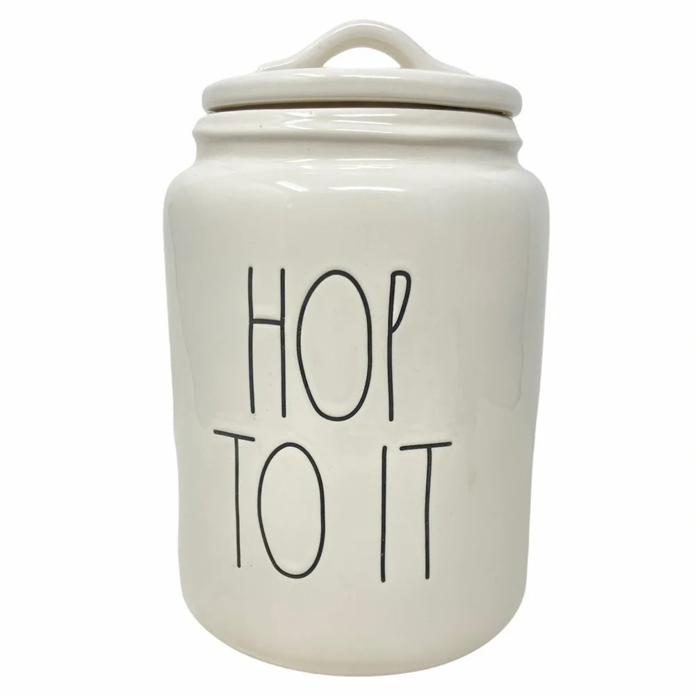 RAE DUNN Large White Canister “Hop To It”